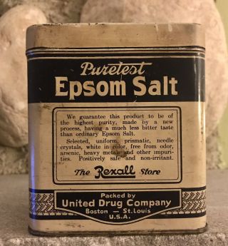 Vintage Rexall Puretest Epsom Salt Empty Tin United Drug Company Usa