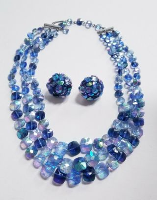 Vintage Blue Aurora Borealis Necklace And Earrings Stunning Estate Find Signed