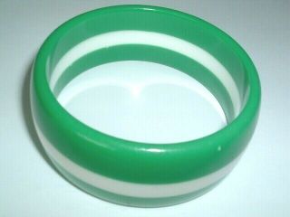 Vintage Kelly Green And White Stripes Celluloid Bangle Bracelet In Gift Box