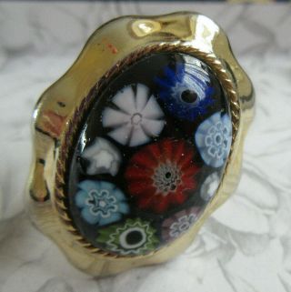 Vintage Millefiori Glass & Goldtone Scarf Ring Multi - Coloured & Pretty