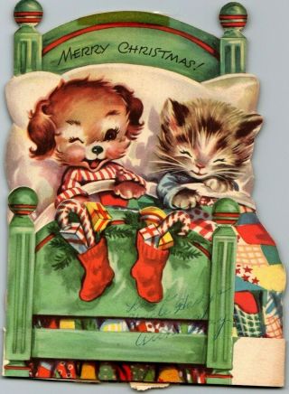 Marjorie M.  Cooper ? Kitty Cat Kitten Puppy Dog Bed Vtg Christmas Greeting Card
