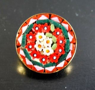 Vintage Italian Micro Mosaic Flower Design Round Pin Brooch.  Gold Tone