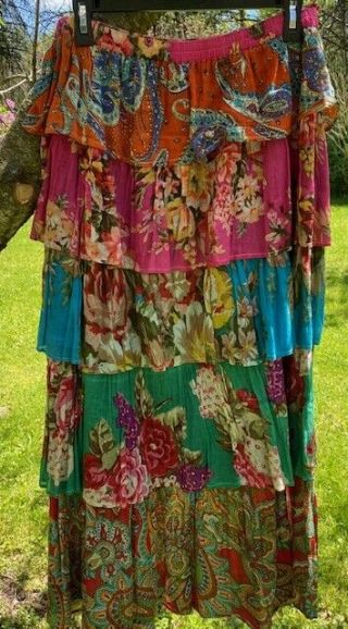 Vtg Sacred Threads Layered Skirt Boho Hippie Cottonxl