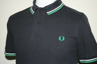 Fred Perry Twin Tipped Polo Shirt - M - Black/green/white - M3600 Vintage Top