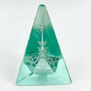 Vintage Mid Century Modern Triangle Prism Pyramid Green Glass Paperweight Pagoda
