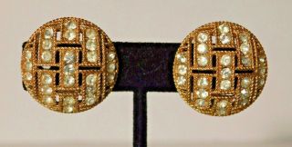 Vtg.  Crown Trifari Gold Tone Rhinestone Round Clip Earrings Signed