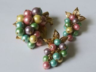 Vintage Park Lane Brooch And Clip Earring Set Gold Tone - Multicor Beads (rare)
