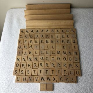 Vintage Scrabble Game Natural Wood Replacement Letters 100 Tiles & Rails Holders