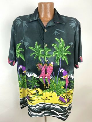 Vintage Hawaiian Camp Shirt Men’s Large Black Loop Collar Parrot Border Print