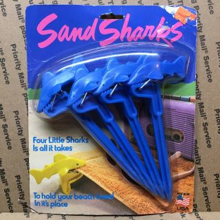 Vintage Sand Sharks Blue Beach Towel Holders Set Of 4 From 1987 Package