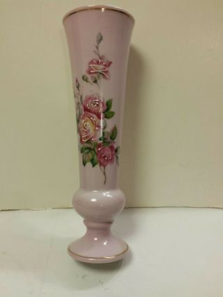 Vintage Norleans Pink Floral Ceramic Vase With Gold Trim 8 Inches Tall