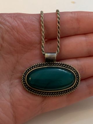 Vtg Native American Navajo Sterling Silver Green Onyx Pendant Necklace 925 Chain