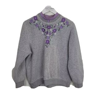 Vintage Bonworth Womens Gray Embroidered Floral Pullover Sweater Sz Large Petite