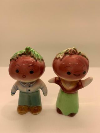 Vintage Anthropomorphic Apple Couple Salt And Pepper Shakers Boy Girl