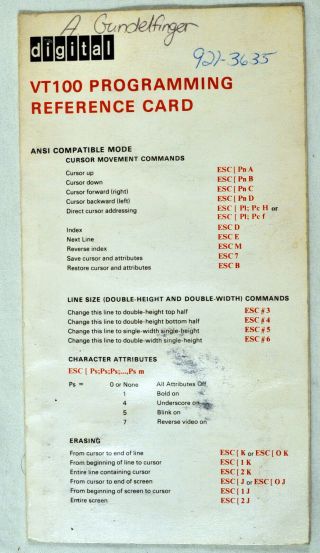 Programming Reference Card For Vintage Dec Vt100 Video Terminal