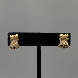 Vintage Avon Gold Christmas Bell W/ Red & White Rhinestones Gold Earring Set