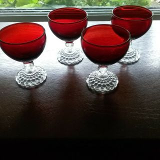 Vintage Anchor Hocking Ruby Bubble Foot Liquor Cocktail Glasses Set Of 4