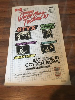 Real 1983 Texxas World Music Festival Poster 19x32 Styx Sammy Hagar Uriah Heep