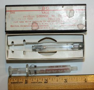 Vintage Bd Yale Insulin Syringe Glass Nib 2 Needles Becton Dickinson 1yi - 80s