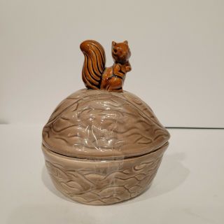 Vintage Ceramic Lidded Nut Candy Dish Walnut Shaped With Squirrel On Top