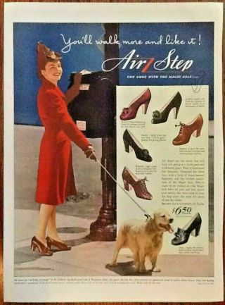 Air Step Shoes Ad 1942 Vintage 1940s Print Art Fashion Illustration Dog