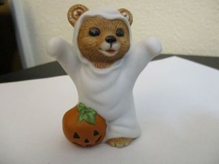 Vintage Porcelain Figurine Bear In Ghost Halloween Costume W/ Pumpkin Homco 5311
