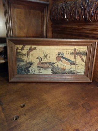 Vintage Print On Canvas Board Wood Ducks Cattails In Oak Frame Initials Rb