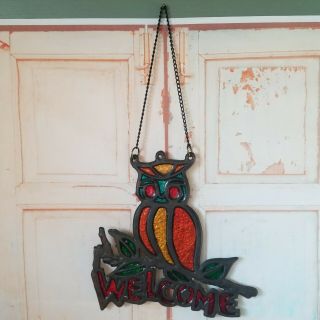 Vintage Cast Iron Stained Glass Owl Sun Catcher Welcome Sign Hanger