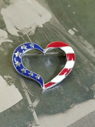 Signed Avon Red White Blue Enamel American Flag Open Work Heart Brooch Vintage