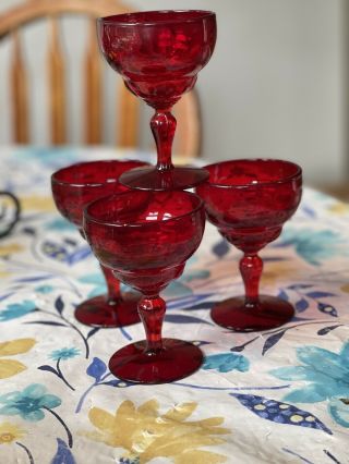 4 Vintage Martinsville Moondrops Red 4 " 4 Oz Cocktail Goblets Red Glass