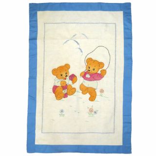Vintage Crib Quilt Top Embroidered Bears 30x43