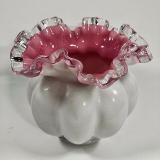 Vintage Fenton Milk & Pink Encased Art Glass Melon Vase Ruffled Silver Crest Rim