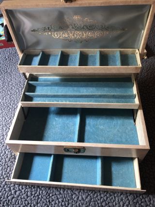 Vintage Jewelry Box Ivory White With Blue Velvet 4 Tier