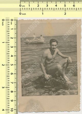 Shirtless Man On Beach Handsome Guy Portrait Vintage Photo Old Snapshot