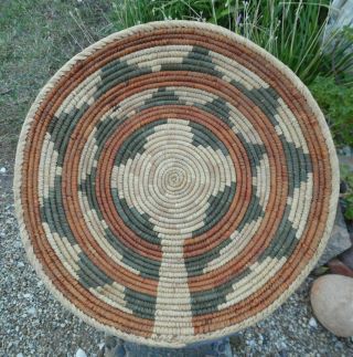 Vintage American Southwest Hand Woven Round Basket With Geometric Designs