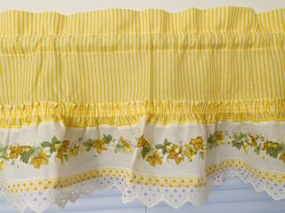 Vintage Handmade Window Valance,  Floral,  Yellow/white With Lace 48” W X 12” L