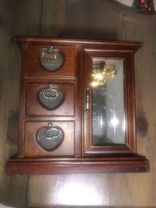 Vintage Wood Jewelry Box Dresser Top 3 Drawers With Etched Glass Door Taiwan