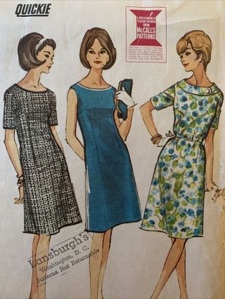 Vintage 1964 Size 14 1/2 Bust 35 Dress Mccall’s Pattern Quickie