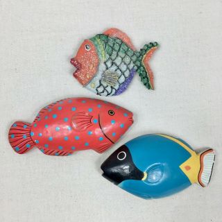 Vintage Fish Magnets Set Of 3 Tropical Glitter Wooden Hand Carved Painted Beach