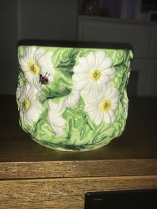 Vintage Bloom Rite Ceramic Pottery Planter,  Pot Green,  White Daisies Ladybug
