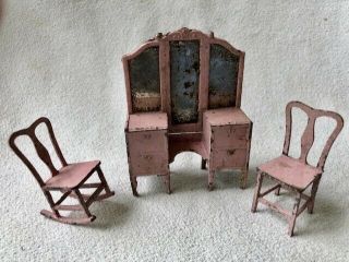 3 - Pc Antique 1920s Tootsie Toy Dollhouse Furniture: Pink Metal Vanity & 2 Chairs
