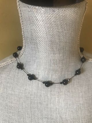 Vintage Black Round Beads Rhinestones Thread Necklace Sterling Clasp 925 Chocker