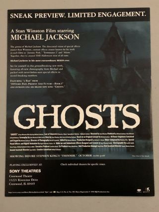 Rare Michael Jackson Sneak Preview Ghosts Mini Poster 8.  5 " X 11 " Limited