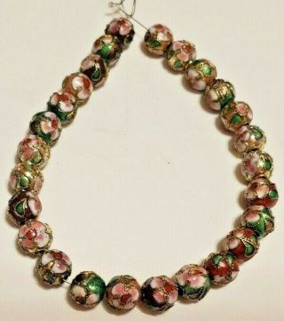 26 Vintage 7mm Round Green,  Pink & Gold Cloisonne Beads