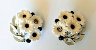 Star Designer Vintage Clip On Earrings Black White Flowers Enamel Silver Tone