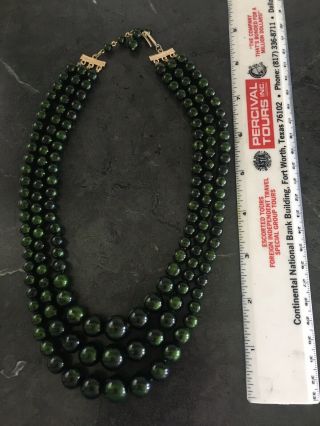 Vintage Hong Kong Three Strand Green Plastic Bead 14” - 16” Necklace