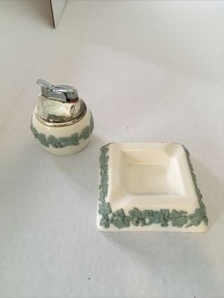 Vintage Wedgwood Made In England Embossed Queens Ware Ash Tray And Lighter