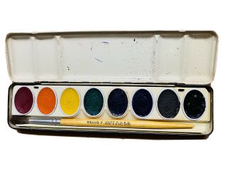 Prang 8 Water Color Paint Tin Case Brush American Crayon USA Vintage 3