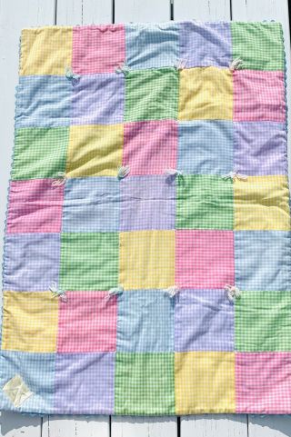 Vintage Handmade Gingham Pastels Baby Toddler Quilt Blanket 24”x34” Cute
