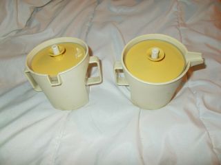 Vintage Tupperware Sugar And Creamer Set Almond With Gold Seals 1414 - 1415